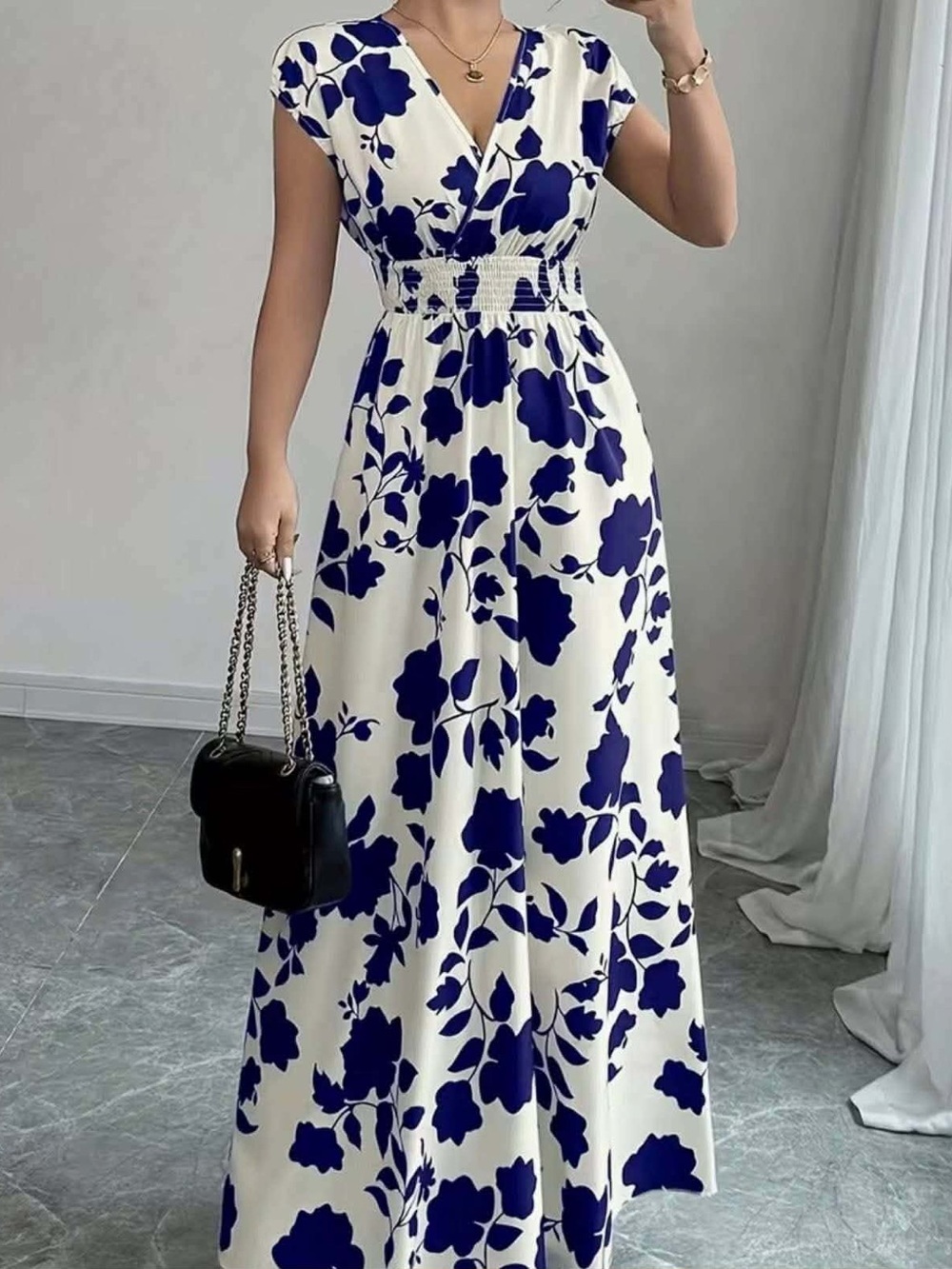 White Maxi Dress with Bold Navy Floral Print